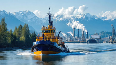 A vibrant tugboat navigates a waterway near an industrial area, framed by majestic mountains and emitting smoke, showcasing a blend of nature and industry.の素材