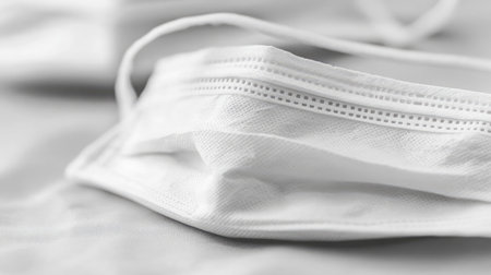 This close-up image showcases a white surgical face mask, emphasizing its intricate fabric and texture, ideal for health-related content and safety measures during a pandemic.の素材