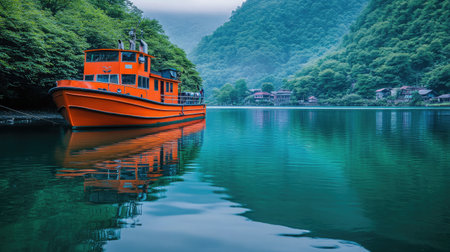 A striking image featuring a bright orange boat anchored by a peaceful mountain lake, with lush greenery and misty mountains reflecting on the calm water surface.の素材