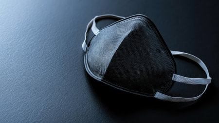 This black protective mask rests on a dark surface, highlighting its role in personal safety and health precautions during the pandemic and beyond.の素材