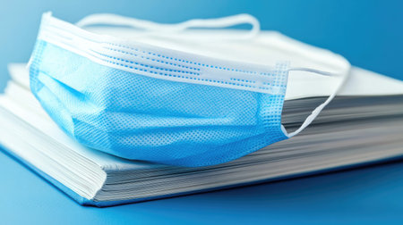 A close-up view of a surgical face mask placed on a stack of blank notebooks, showcasing a professional atmosphere with blue tones and an emphasis on safety and health protocols.の素材