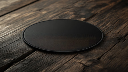 A simple black round surface rests on a rustic wooden backdrop, creating a striking visual contrast perfect for product showcases and artistic presentations.の素材