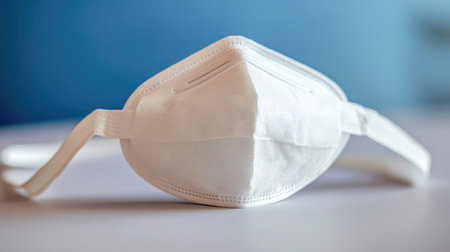 A closeup of a white disposable face mask positioned on a surface, symbolizing health and safety measures taken in daily life during health awareness campaigns.の素材