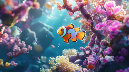 This captivating underwater image showcases a vibrant clownfish swimming gracefully through a lush coral reef, highlighting the beauty of marine ecosystems teeming with life.の素材