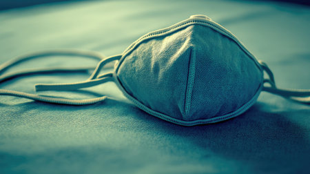 A close-up of a fabric face mask resting on a soft surface, beautifully lit to highlight its texture and promote themes of health and safety in everyday life.の素材