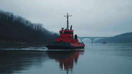 A striking red tugboat moves steadily through tranquil waters under an overcast sky. The image highlights the blend of maritime life and urban infrastructure with a nearby bridge.の素材