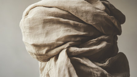 An artistic representation of a head covered by a softly draped fabric in a warm beige tone, creating an abstract and minimalistic visual effect with rich textures.の素材