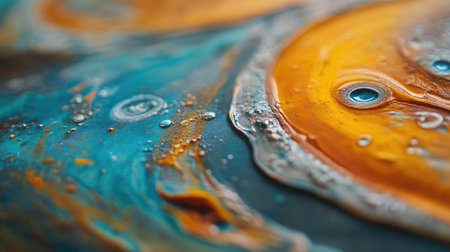 This stunning abstract art piece showcases vivid orange and blue swirls with glimmering droplets, creating a dynamic texture and a captivating visual experience for art enthusiasts.の素材