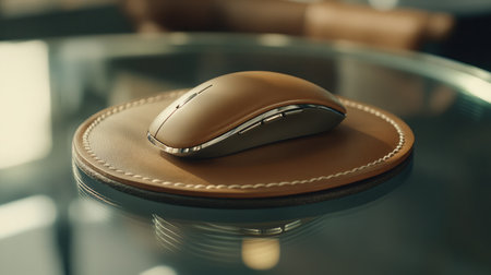 A sophisticated brown wireless mouse positioned on an elegant leather mouse pad in a modern office, showcasing a perfect blend of style and functionality in a refined workspace.の素材