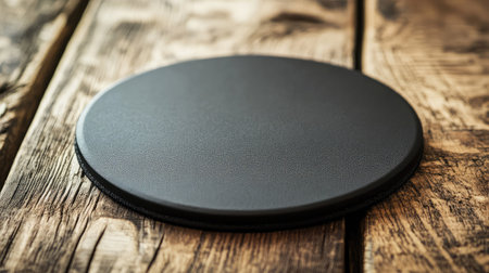 A round black surface resting on a rustic wooden table creates a versatile backdrop for food photography, product presentations, or modern design applications.の素材