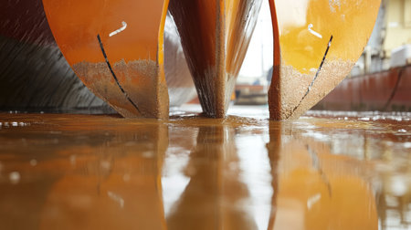 This close-up image captures the intricate design of two boat hulls in dry dock, reflecting beautifully on the water, highlighting the maintenance and repair processes in a shipyard environment.の素材