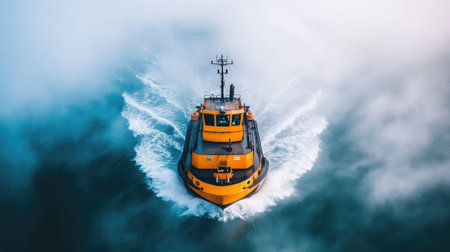 A striking aerial view captures a bright yellow tugboat navigating through misty waters, leaving behind intricate wake patterns in a serene ocean landscape.の素材