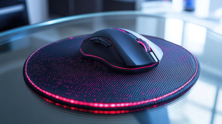 A stylish gaming mouse designed for optimal performance, placed on a modern mouse pad with RGB lighting, showcasing a sleek aesthetic perfect for any gaming setup.の素材