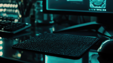 This image showcases a sleek mouse pad and keyboard in a dimly lit workspace, reflecting modern design aesthetics and technology, perfect for gamers and tech enthusiasts.の素材