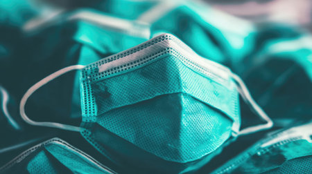 A close-up view of stacked surgical masks showcasing the importance of hygiene and safety in healthcare settings, highlighting protection measures during health emergencies.の素材