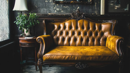 Discover a stunning vintage leather sofa in a richly decorated room, blending elegance and comfort to enhance any interior space with timeless appeal.の素材