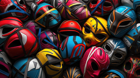 A dynamic arrangement of colorful masks featuring unique designs and vibrant hues, ideal for use in artistic projects, celebrations, or creative expressions.の素材