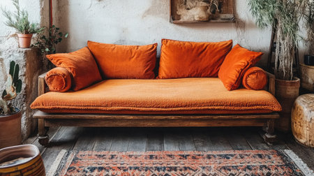 This image showcases a cozy orange sofa adorned with plush cushions, set against a rustic interior, perfect for creating a warm and inviting atmosphere in any living space.の素材