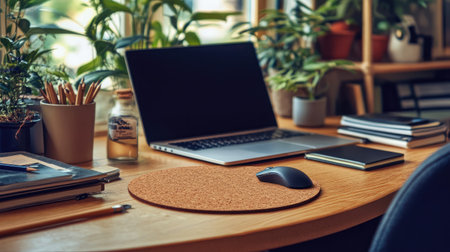 A stylish workspace featuring a laptop and cork mouse pad, surrounded by lush indoor plants, perfect for fostering creativity and productivity in a serene environment.の素材