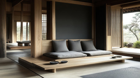 A serene Japanese-style living room showcasing minimalist design with natural wood elements, soft cushions, and large windows overlooking a tranquil garden, perfect for relaxation.の素材