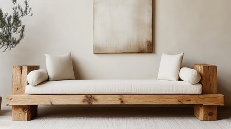 A stylish wooden sofa with soft cushions in a contemporary living room features a warm and inviting atmosphere, highlighting minimalist design and comfort for a serene space.の素材