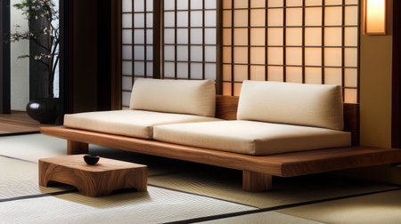 This serene living room features a minimalist wooden sofa with soft cushions, traditional shoji screens, and warm natural light, embodying tranquility and elegance.の素材
