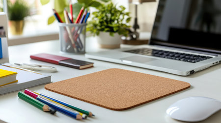 A stylish modern workspace featuring a laptop, cork mouse pad, colorful stationery, and green plants, perfect for inspiring creativity and productivity in any environment.の素材