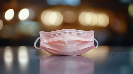 A pink surgical face mask placed on a table emphasizes the importance of health precautions, showcasing awareness and care in today's health-conscious environment.の素材
