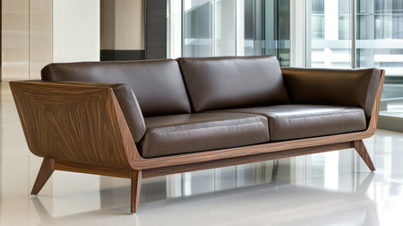 A sleek modern leather sofa with elegant wood accents, perfect for contemporary interiors. This stylish piece enhances comfort and aesthetics in any living space.の素材