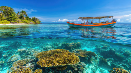A breathtaking view showcasing a colorful boat floating above vibrant coral reefs in crystal clear water, surrounded by a tranquil tropical island scene ideal for nature lovers.の素材