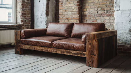 This rustic leather sofa combines a sturdy wooden frame with rich brown upholstery, making it an elegant addition to any chic living space or creative environment.の素材