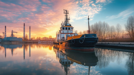 A striking tugboat rests in a peaceful harbor at sunset, showcasing vibrant reflections on the water while surrounded by an industrial landscape. Perfect for nautical themes.の素材