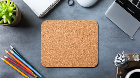 A sleek cork mouse pad takes center stage on a sophisticated workspace filled with vibrant design tools, promoting organization and efficiency in daily tasks.の素材