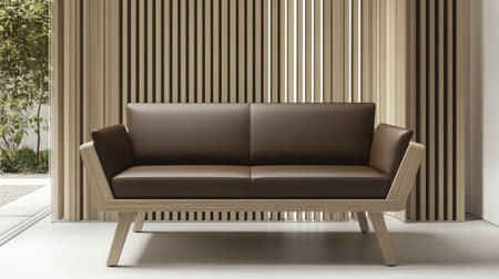 A modern sofa featuring a smooth brown leather surface and a sleek wooden frame, set against a stylish background of vertical wooden slats for a contemporary aesthetic.の素材