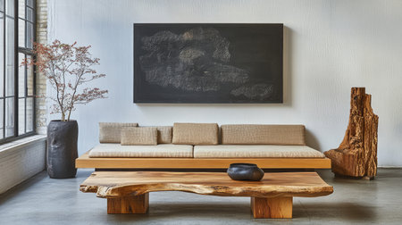 Stylish and modern living room showcasing natural wood elements, artistic wall decor, and a serene atmosphere perfect for relaxation and comfort in contemporary interior design.の素材