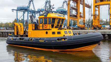 A vibrant yellow tugboat cruising through calm water, surrounded by industrial cranes and port facilities, showcasing maritime operations in a serene harbor.の素材