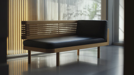 A modern wooden couch featuring sleek lines and black leather seating, bathed in natural light from vertical blinds, enhancing the contemporary indoor atmosphere.の素材