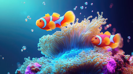 Two colorful clownfish gracefully swim around a vibrant anemone in a serene underwater scene, showcasing the beauty of marine life and coral ecosystems.の素材