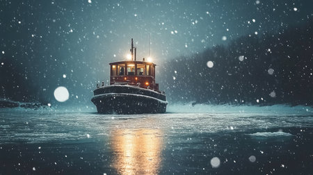 A tugboat navigates through icy waters on a snowy evening, illuminated by warm lights that contrast with the cold winter landscape, creating a serene and mysterious atmosphere.の素材