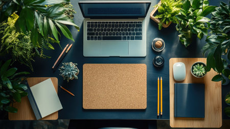 A visually pleasing workspace featuring a laptop, stationary, and lush indoor plants, designed to inspire productivity and creativity in a serene environment.の素材