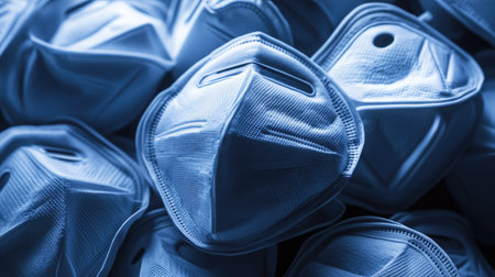 A detailed close-up of stacked surgical face masks in a rich blue hue, showcasing their texture and design, symbolizing health and safety in medical environments.の素材