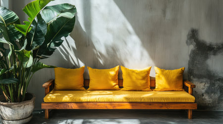 A modern couch with bright yellow cushions creates a warm and inviting atmosphere in a minimalist space. A lush tropical plant adds a touch of nature, enhancing the decor.の素材