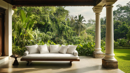 Beautiful outdoor seating area features a modern white sofa surrounded by vibrant greenery, offering a perfect setting for relaxation and enjoyment in a serene environment.の素材
