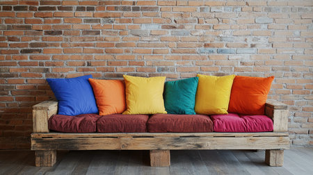 This inviting wooden sofa features colorful cushions, creating a warm atmosphere against a rustic brick wall, perfect for enhancing any interior space with charm.の素材