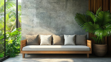 A stylish minimalist sofa in a serene indoor space, framed by lush greenery and natural light, perfect for inspiring elegant home decor ideas.の素材