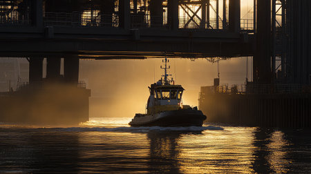 A tugboat glides through calm waters under an industrial structure at sunrise, creating a magical ambiance with mist and golden reflections enhancing the serene maritime scene.の素材