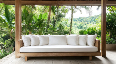 Discover a stunning outdoor sofa set amidst vibrant greenery, perfect for relaxation. Enjoy the serene atmosphere enhanced by the scenic natural landscape. Perfect for your outdoor living space.の素材