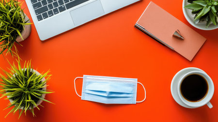 A vibrant workspace featuring a laptop, a face mask, a steaming cup of coffee, a notepad, and small green plants, ideal for themes of health, productivity, and modern lifestyle.の素材