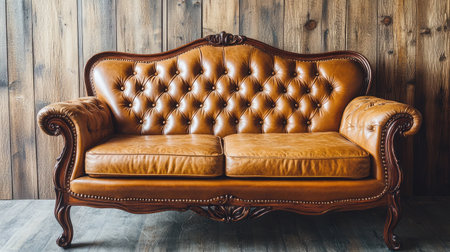 A stunning vintage brown leather sofa featuring a tufted design, perfectly placed against a rustic wooden wall, creating a warm and cozy ambiance for any stylish home decor.の素材