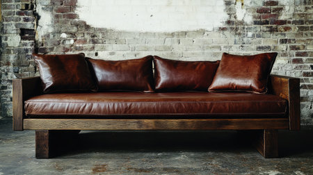 A stylish brown leather sofa set on a rustic wooden frame, offering comfort and elegance, ideal for modern living spaces and home interior inspiration.の素材